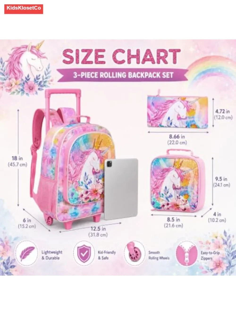 Rolling Backpack for Girls, Kids Unicorn Luggage with Wheels, 3-Piece Set with